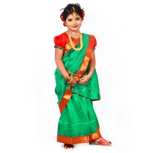 PIPILIKA® Indian Beautiful Green Pure Silk Saree for Kids Girls with Stitched Red Blouse (103 GREEN)