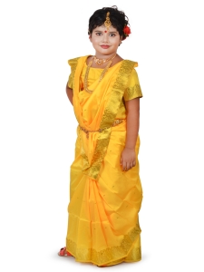 PIPILIKA® Indian Beautiful Pure Silk Saree for Kids & Baby Girls with Stitched Beautiful Blouse (102) (YELLOW)