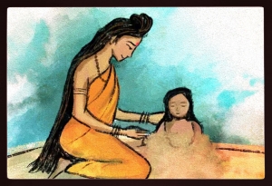 PIPILIKA® Home Decor | Art:-19819 | Devi Parvati Creating Lord Ganesha | Famous Painting | 18 inch X 12 inch | With 1 Inch Framing | Wall Decor Painting