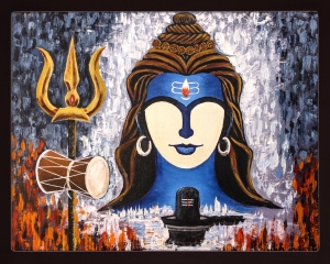 PIPILIKA® Home Decor | Digital Painting of Shiva with Shivlinga, Bumroo & Trishul | Including 1 Inch Synthetic Framing | Size: 15 X 12 Inch