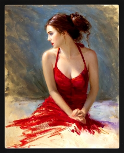 PIPILIKA® Home Decor | UV Laminated | Beautiful Women Lady in Red Dress Portrait Painting Picture - With Framing | SIZE: 13.5 inch X 16.5 inch | 1 Inch Framing | Wall Decor Painting | Art:-198184