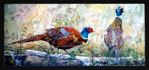 PIPILIKA® Home Decor | UV Laminated | LOVE - Wonderful Portrait Painting Picture of Colorful PEACOCKS - With Framing | SIZE: 19.5 inch X 9.5 inch | 1 Inch Framing | Wall Decor Painting | Art:-198186