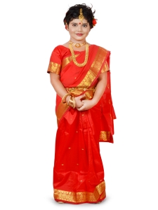 PIPILIKA® Indian Beautiful Pure Silk Saree for Kids & Baby Girls with Stitched Beautiful Blouse (102) (RED)
