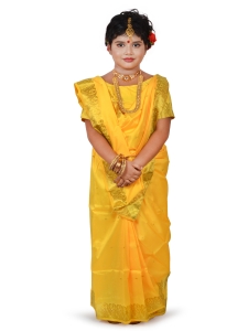 PIPILIKA® Indian Beautiful Pure Silk Saree for Kids & Baby Girls with Stitched Beautiful Blouse (102) (YELLOW)